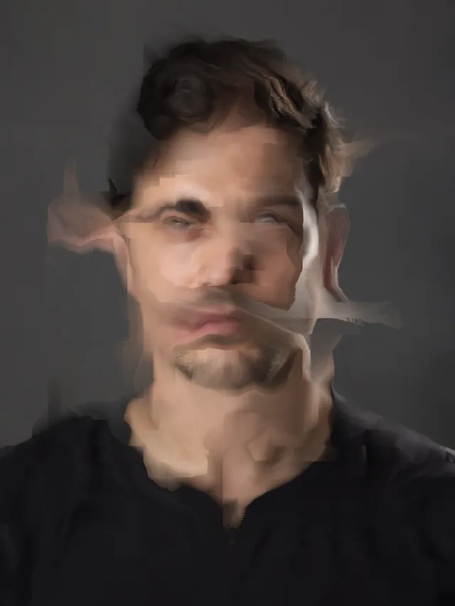 A dark-haired portrait smeared into small moving blocks, with displaced eyes and stretched cheek details.