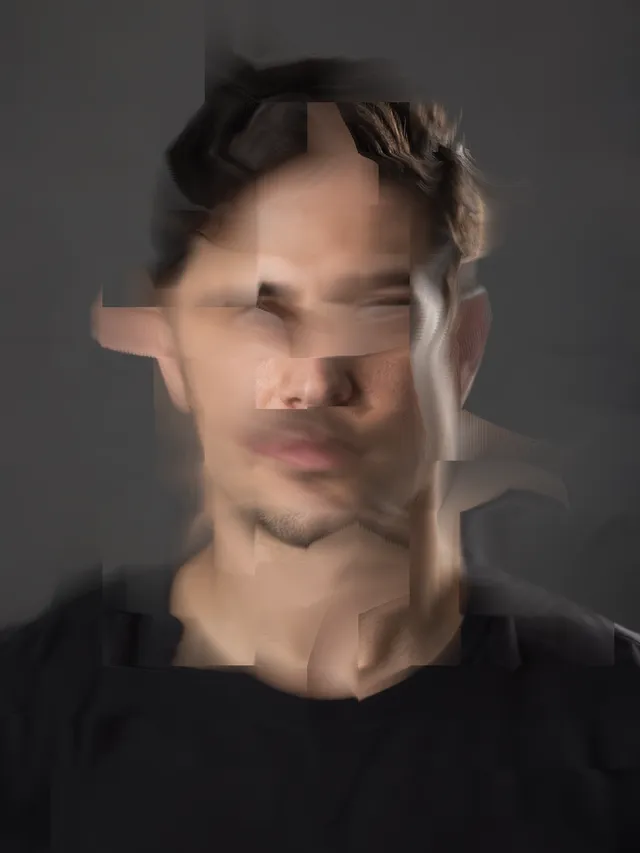 The portrait at two seconds with larger square blocks cutting across the forehead, eyes, nose, and neck.