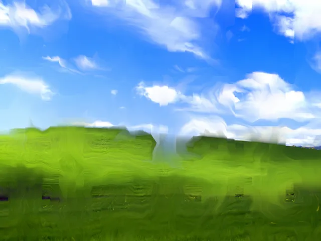 Landscape smeared into blocky trails, with sky and hill macroblocks dragged across each other.