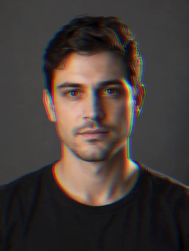 The portrait with narrow red, cyan, and blue fringes around the hair, ears, eyes, and shirt collar.