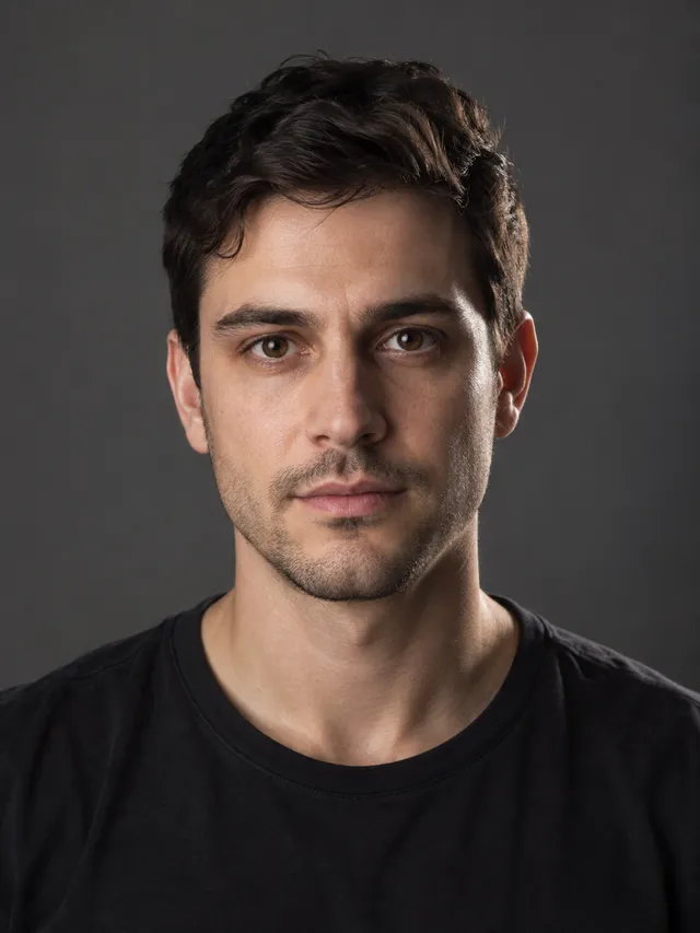 Untreated portrait of a dark-haired adult in a dark shirt against a plain gray background, with both eyes clearly visible.